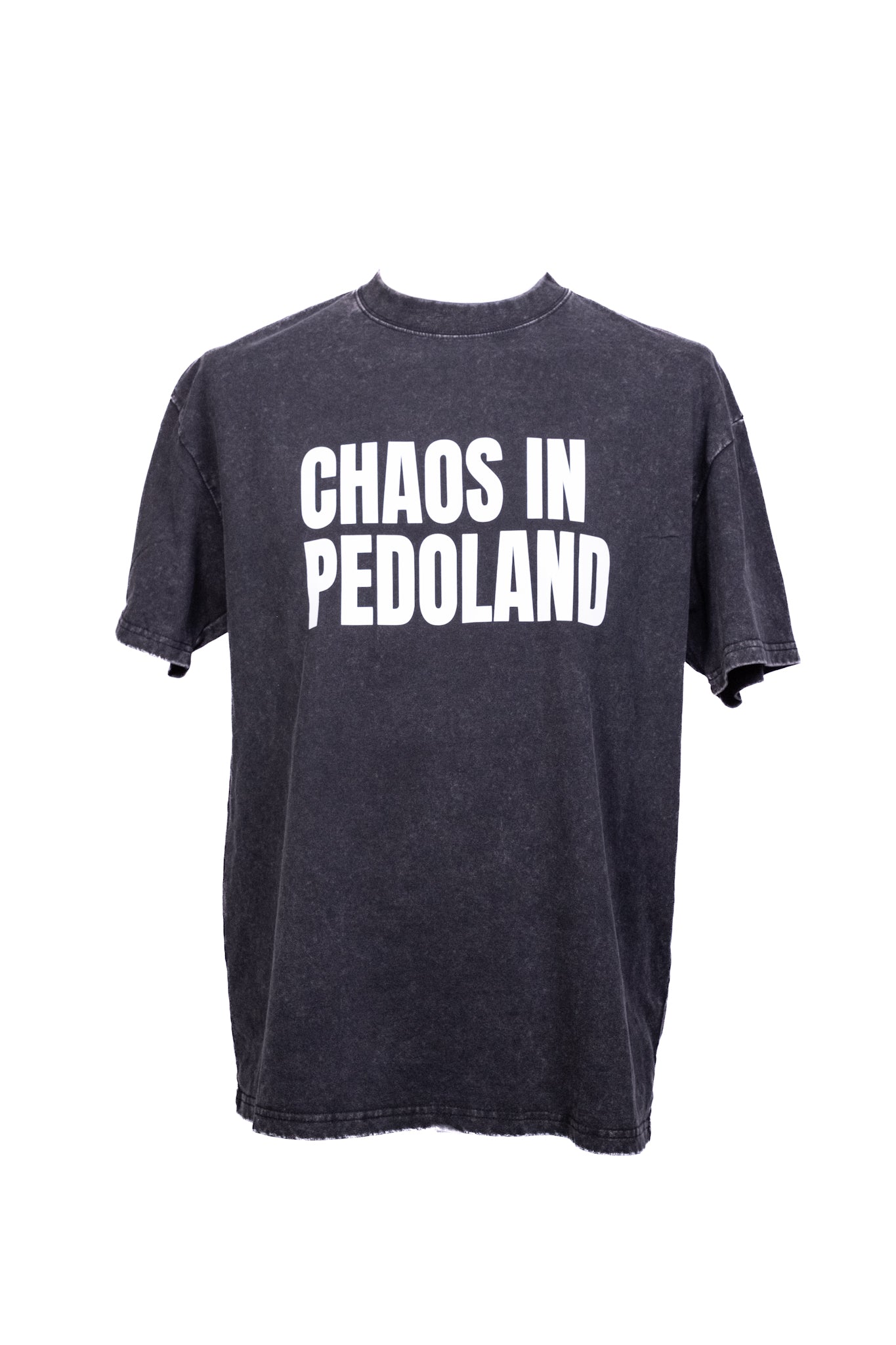 T-shirt streetwear oversize Chaos In Pedoland noir délavé avec imprimé blanc