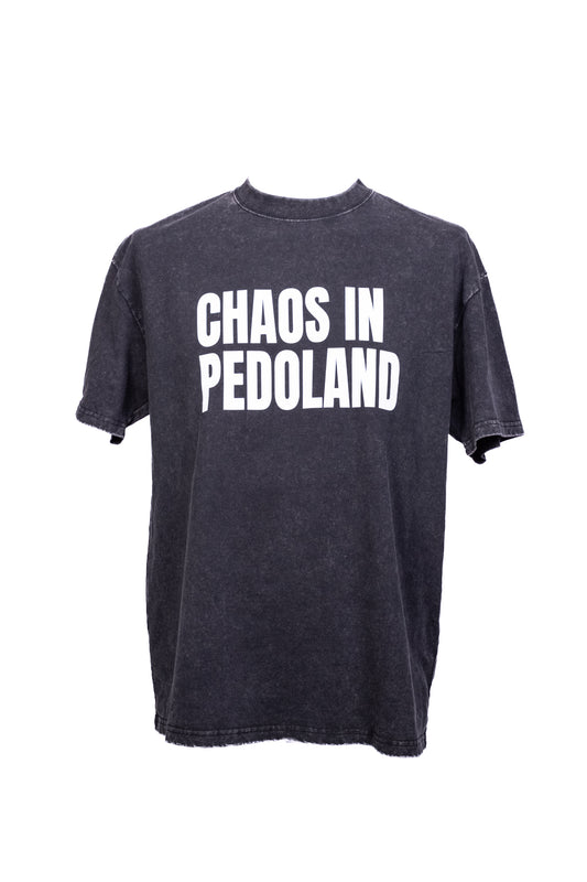 T-shirt streetwear oversize Chaos In Pedoland noir délavé avec imprimé blanc