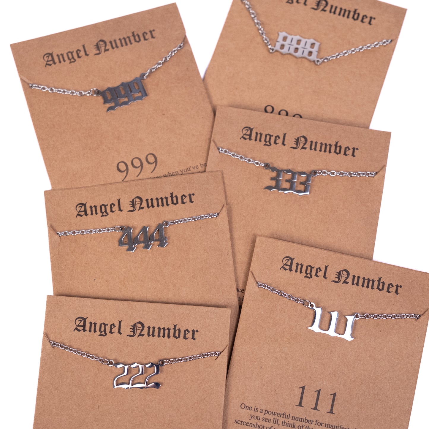 Collection de colliers Angel Numbers avec pendentifs 111, 222, 333, 444, 666, 888 et 999