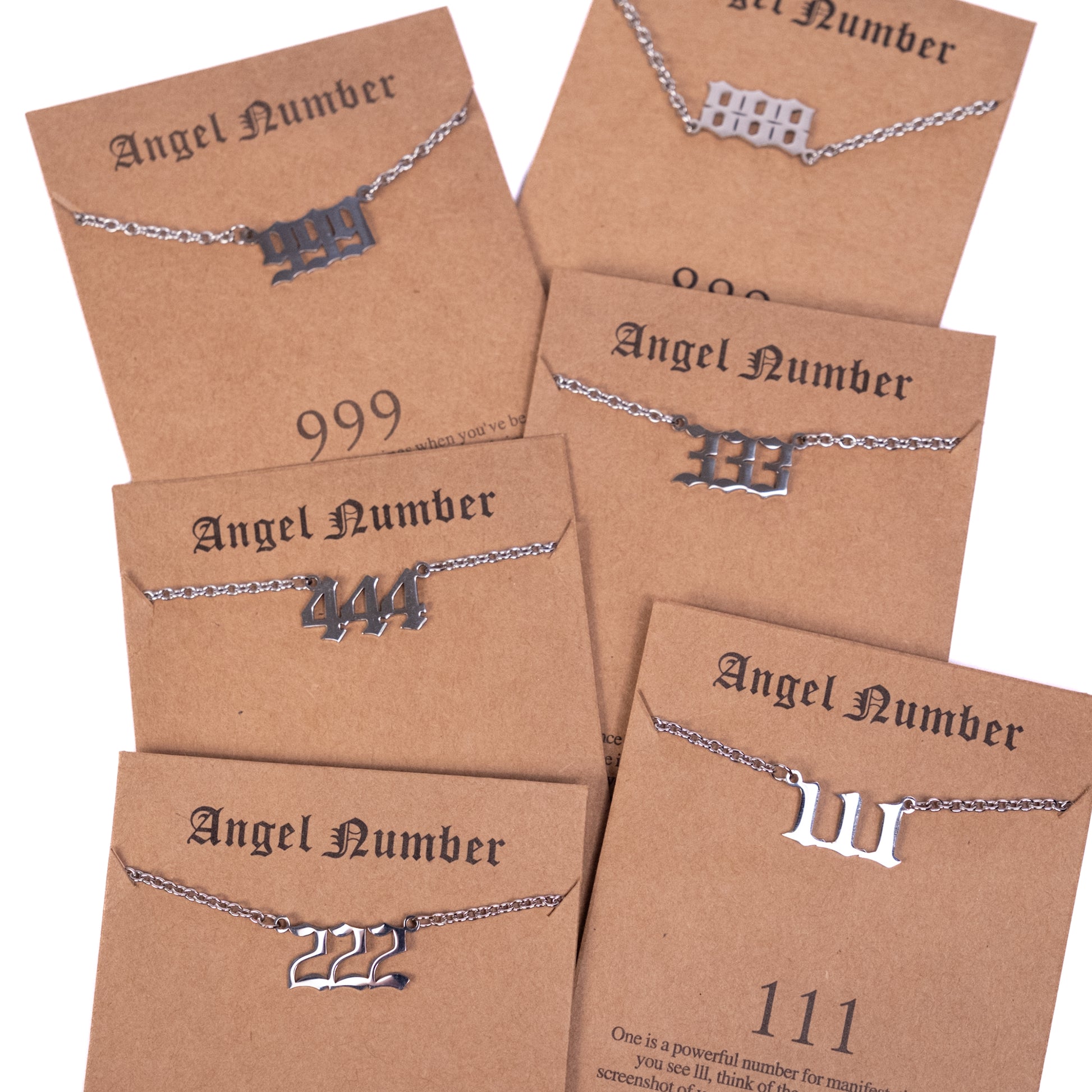 Collection de colliers Angel Numbers avec pendentifs 111, 222, 333, 444, 666, 888 et 999
